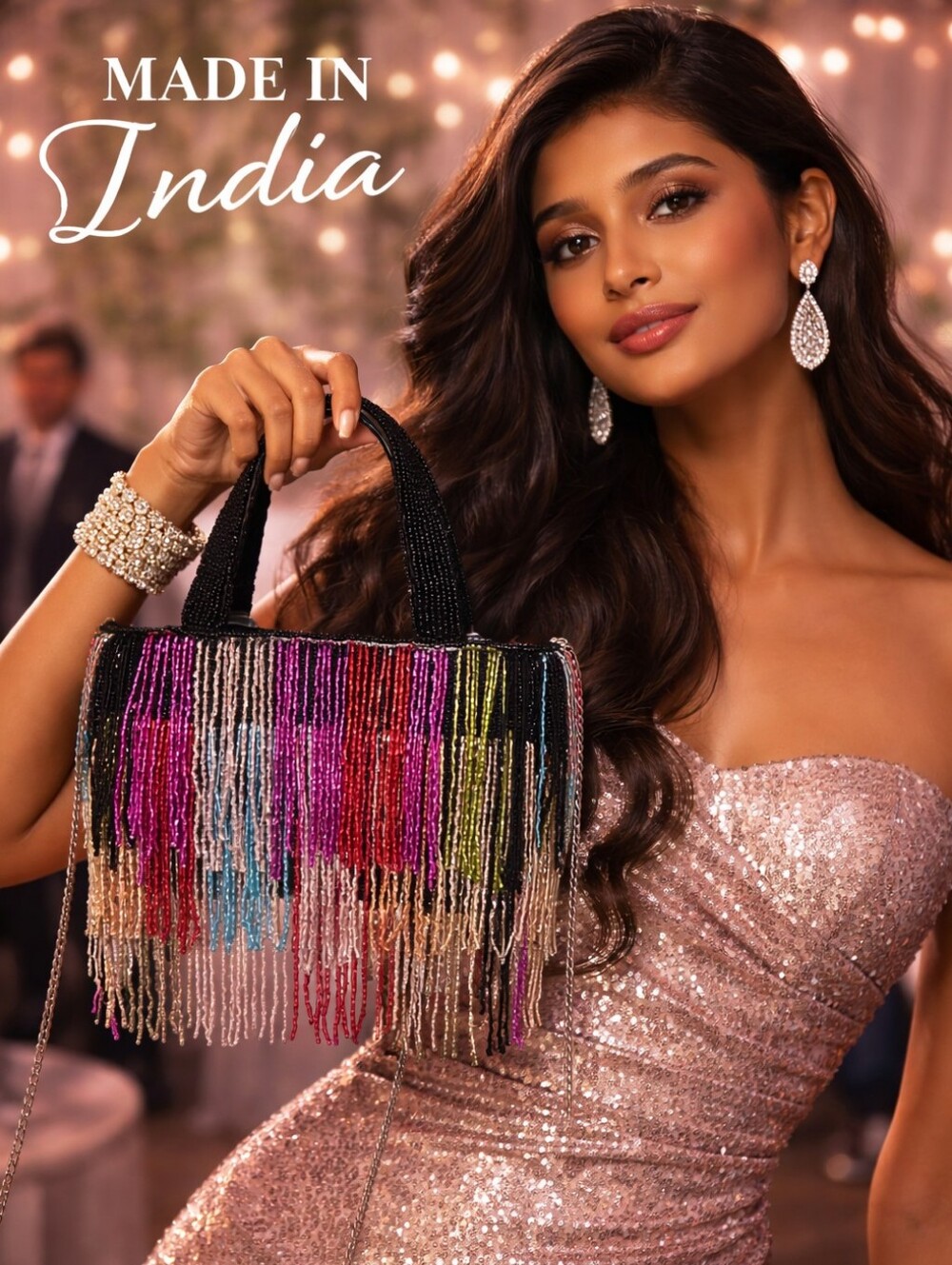 Made In India Multicolored Beaded Fringe Crossbody Bag - NWT